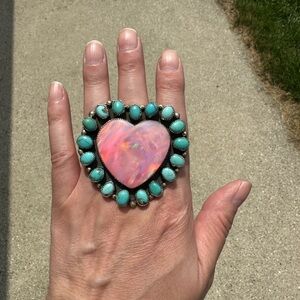 Heart Shape Galaxy Moonstone/Turquoise Native American Made Sterling Silver Ring